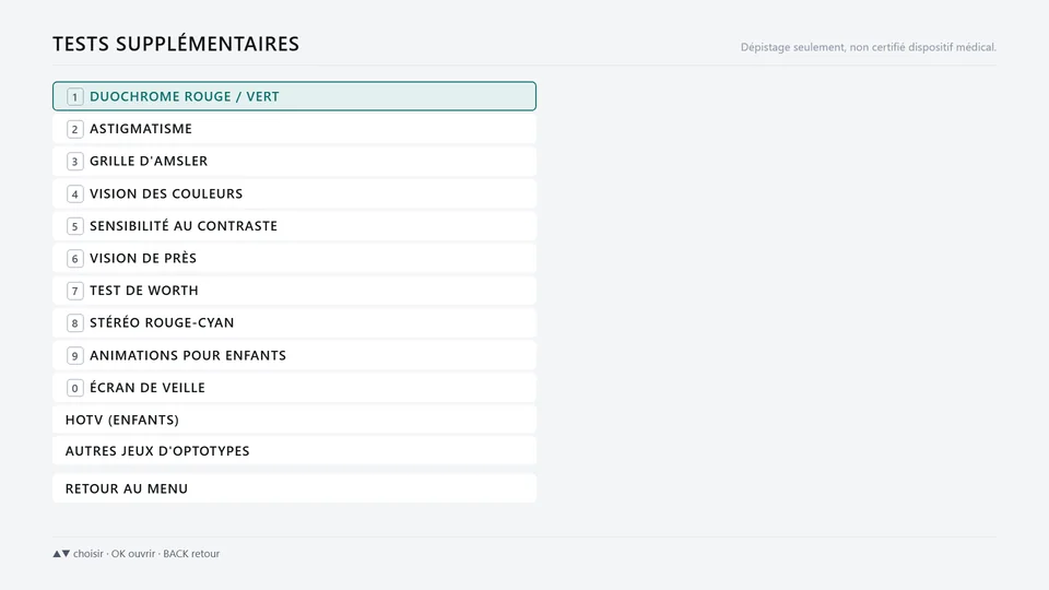 Menu des tests supplémentaires : duochrome, astigmatisme, Amsler, couleurs, contraste, près, Worth, stéréo, enfants.