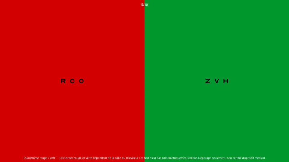 Test duochrome : écran partagé en une moitié rouge et une moitié verte avec des lettres noires.