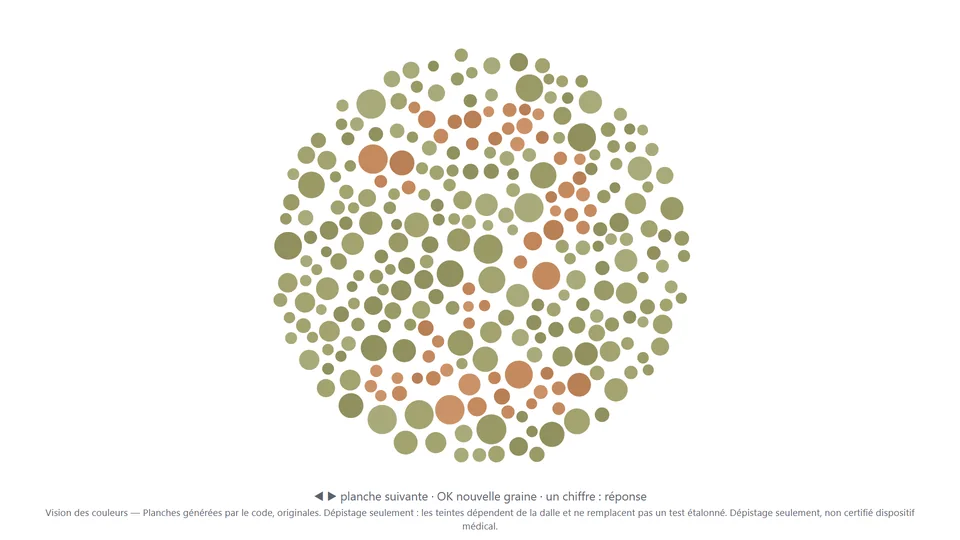 Vision des couleurs : planche de pastilles colorées pseudo-isochromatiques.