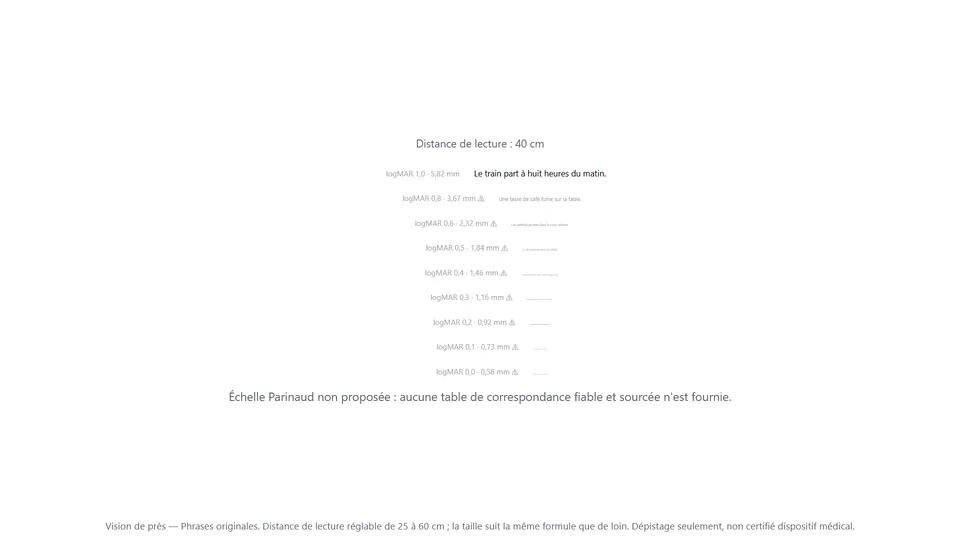 Vision de près : phrases de test de tailles décroissantes avec la distance de lecture.