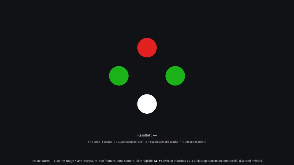 Test de Worth : un point rouge, deux verts et un blanc sur fond sombre.