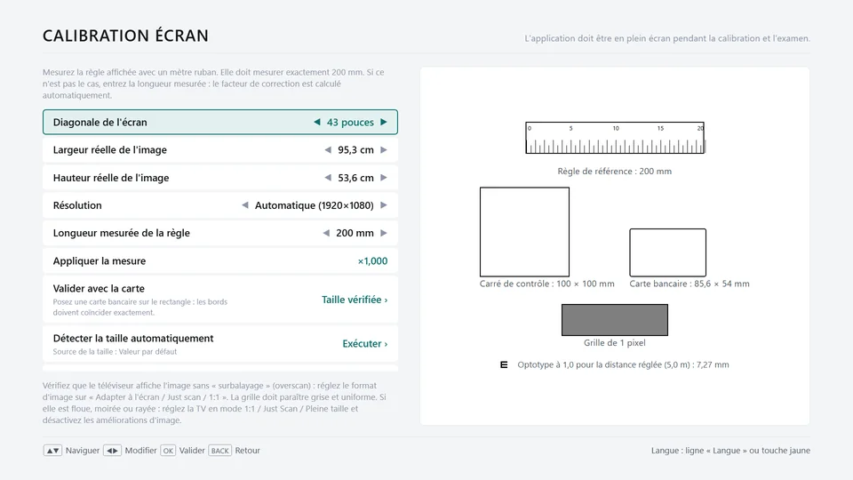 Écran de calibration : règle de 200 mm, carré de contrôle, carte bancaire et grille de 1 pixel.