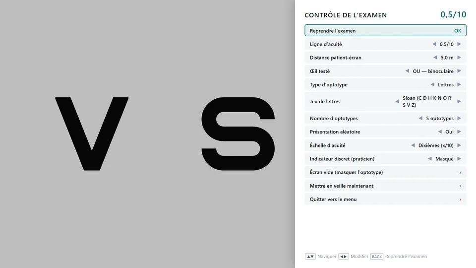 Panneau de contrôle de l'examen : ligne, distance, œil, type d'optotype et échelle.