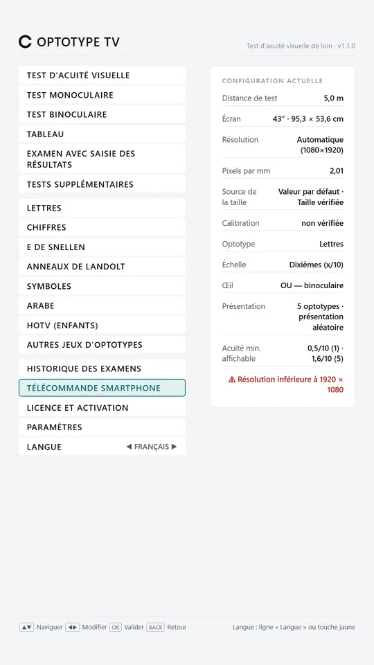 Menu principal affiché sur un écran vertical.