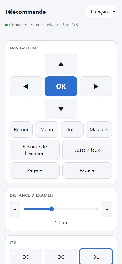 Téléphone : télécommande avec croix directionnelle, OK, distance d'examen et choix de l'œil.